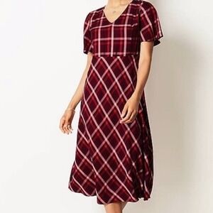 J. Jill Plaid Midi Dress V-Neck Short Sleeve‎ Casual Burgundy Size Large
